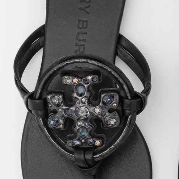Tory Burch Miller Jeweled Embellished Crystal Leather Thong Sandals Black - Picture 5 of 13